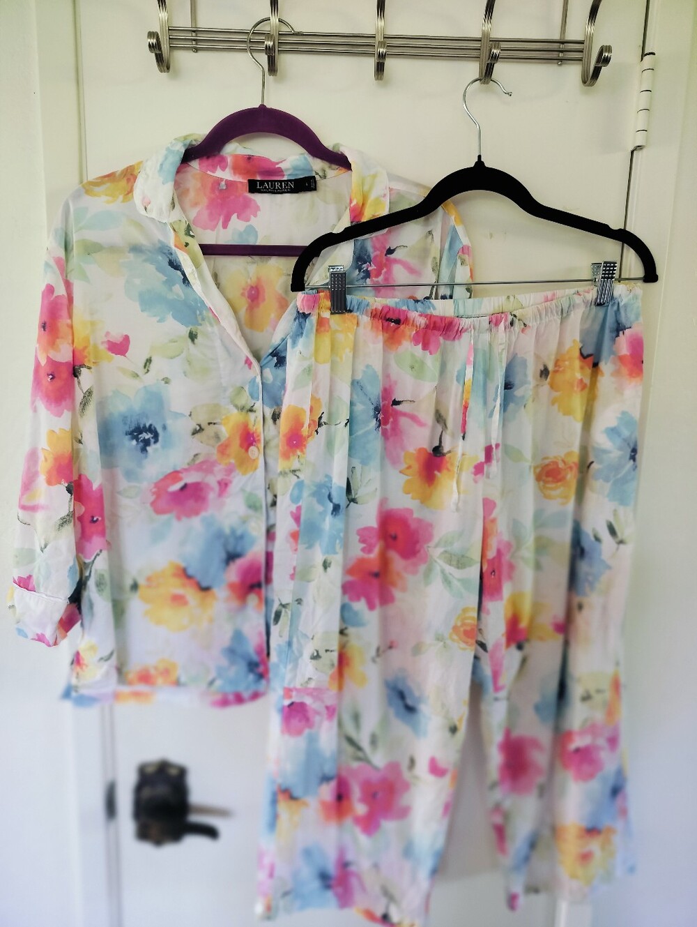 Lauren Ralph Lauren Watercolor Rayon Cotton Pajama Sleep Shirt & Pants Set Large